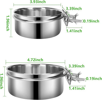 2 Pcs Small Dog Food Water Bowl for Cage with Upgraded Clamp Holder, Pet Kennel Hanging Bowls Stainless Steel Detectable Bowls Crate Feeder Dish for Small Dogs (4.7x2'' & 3.9x2'')