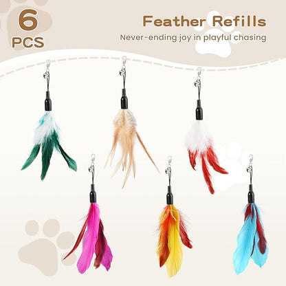 Pawaboo Feather Teaser Cat Toy, Interactive Wands Cats Toy Flying Feathers Cat Catcher with Extra Long 34.5" Wand and Small Bell, Playing Toys, 1 Wand + 6 Feathers, Multi-Color Feather Blend