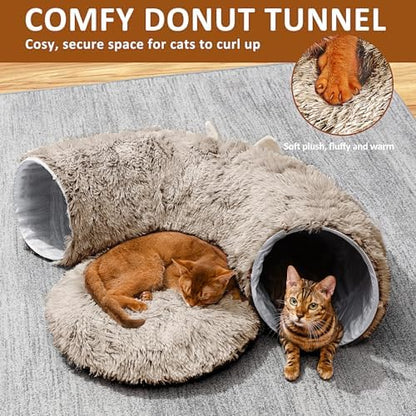 Cat Tunnel with Cat Bed for Indoor Cats, Soft Plush Peekaboo Cat Cave Donut Tunnel, Multifunctional Playground Toys Hideplace for Small Medium Large Kittens, Rabbit, Ferret, Brown - Image 4
