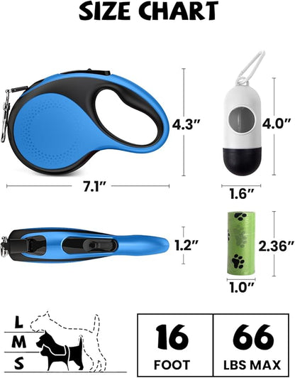 Retractable Dog Leash with Led Light, Douexio 16ft Rechargeable Walking Dog Leash for Small Medium Dogs Up to 66 lbs,360° Tangle-Free, One-Button Control, High Strength Hook