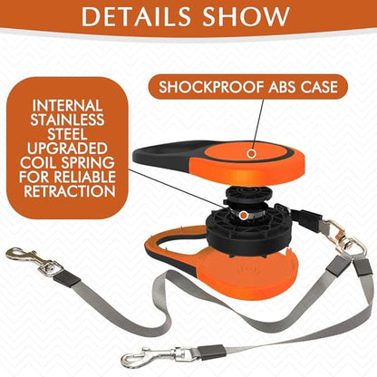 KOOLTAIL Dual Retractable Dog Leash for Two Dogs Up to 110 Lbs, Heavy Duty Double Headed 16 ft Extendable 360° Tangle-Free One Button&Lock Brake Dog Leash for Small Medium Large Dogs PuppyOrange