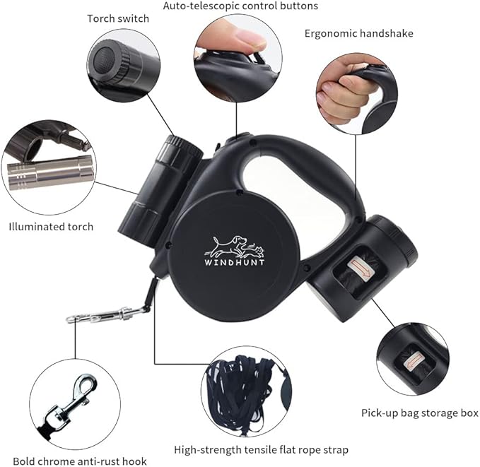 360° Tangle-Free Retractable Dog Leash with Flashlight, Dispenser and Poop Bag Heavy-Duty Nylon Tape for Small, Medium Dogs and Cats One-Handed Brake and Lock, Black