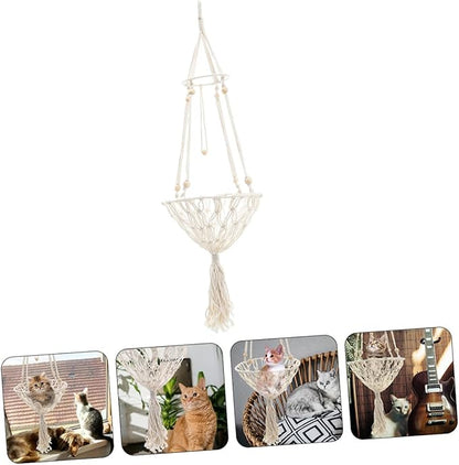 Kichvoe Bohemian Woven Hanging Cat Hammock Wear-Resistant 40cm Pet Nest for Indoor Cats to 30lbs Decorative Kitten Accessory