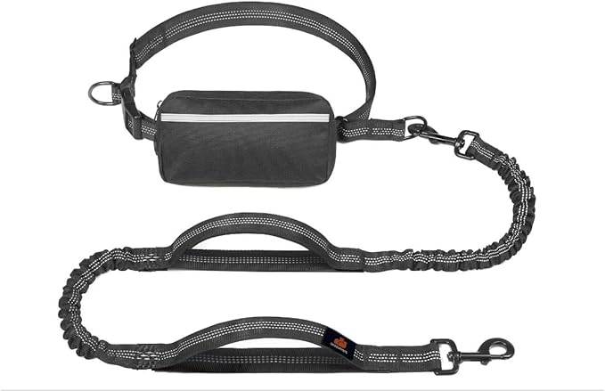 Hands Free Dog Leash with Waist Zipper Pouch, Dual Padded Handles and Dual Bungee Shockabsorbing Leash with Safety Reflective Strip for Walking, Jogging and Running Your Dog