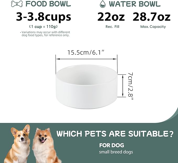 Ceramic 6.1inch Non-Slip Dog Food and Water Bowl for Small & Medium Breed Dogs,Pet Bowl for Replacement, Protects Cervical Spine (White)
