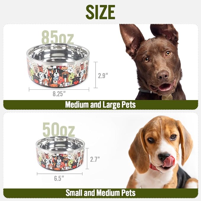 Selly’s Den 50 oz Dog Bowl - Double Walled Stainless Steel Water Bowl for Puppies & Small, Medium Dogs - No-Tip Non-Slip Rubber Base - Durable Metal Dog Dish Pawdience Design