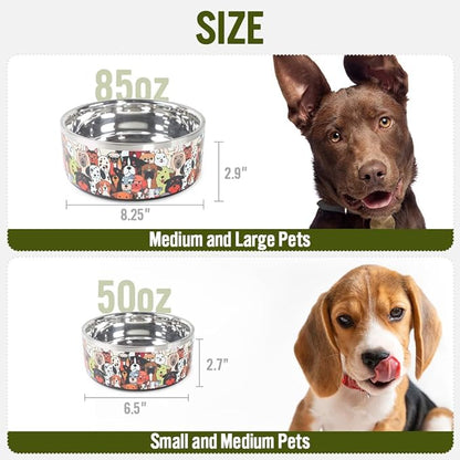 Selly’s Den 50 oz Dog Bowl - Double Walled Stainless Steel Water Bowl for Puppies & Small, Medium Dogs - No-Tip Non-Slip Rubber Base - Durable Metal Dog Dish Pawdience Design