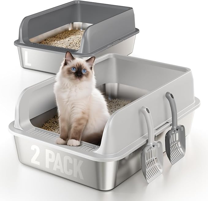 2 Pack Stainless Steel Cat Litter Box with Lid, Large Metal Litter Pan for Adult Cats, Multi-Cats, High Sides with Anti-Leakage Enclosure, Easy Cleaning, Non-Stick, Anti-Scratch,Include Scoop