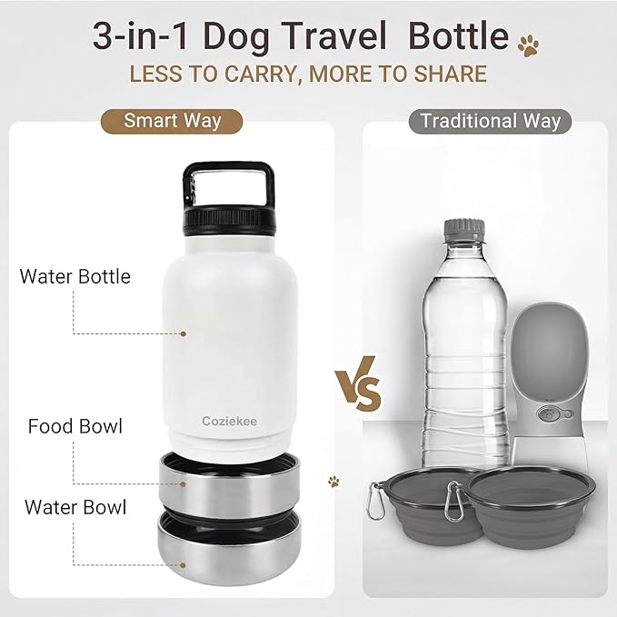 3-in-1 Dog Water Bottle Portable, 32oz Insulated Stainless Steel Pet Water Dispenser with 2 Detachable Travel Dog Bowls for Water & Food, Leak-Proof Puppy Water Bottle for Hiking, Walking (White)