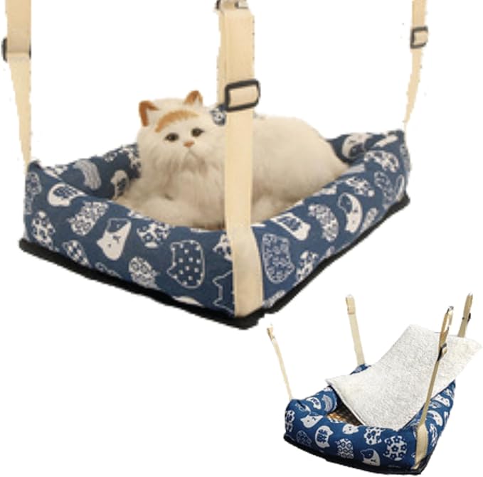 Hanging Cat Bed with Rattan Mat and Cotton Pad Cat Swing Hammock For Cage Kitten Cage Pet Hammock Ferret Bed Desk Accessories Indoor Hanging Bed Kitten Puppy Rabbit Bunny (Rectangle-Blue,Large)