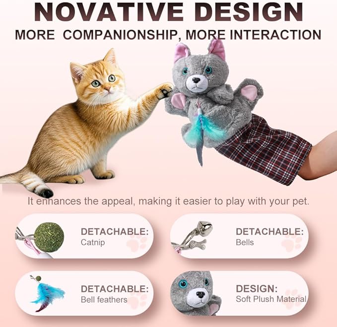 Cat Wrestling Glove Hand Puppet, Interactive Play Toy with Feather, Gray with Pink Ears, Multicolor Plaid Sleeve