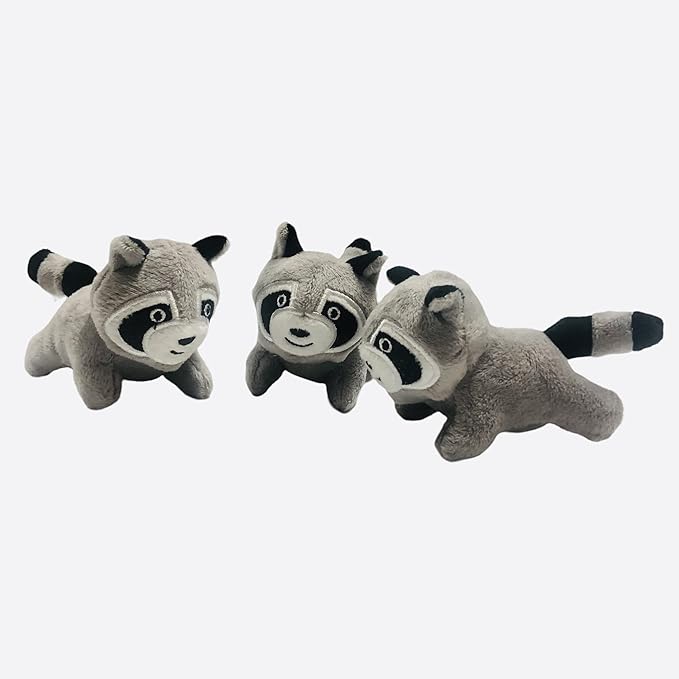 Glow Pups Raccoon Dog Toy 3 Pack with Squeaker, Plush Hide and Seek Dog Toys for Small to Medium Dogs, Burrow Replacement Animals, Woodland Gray, 3 x 5 x 2 inches
