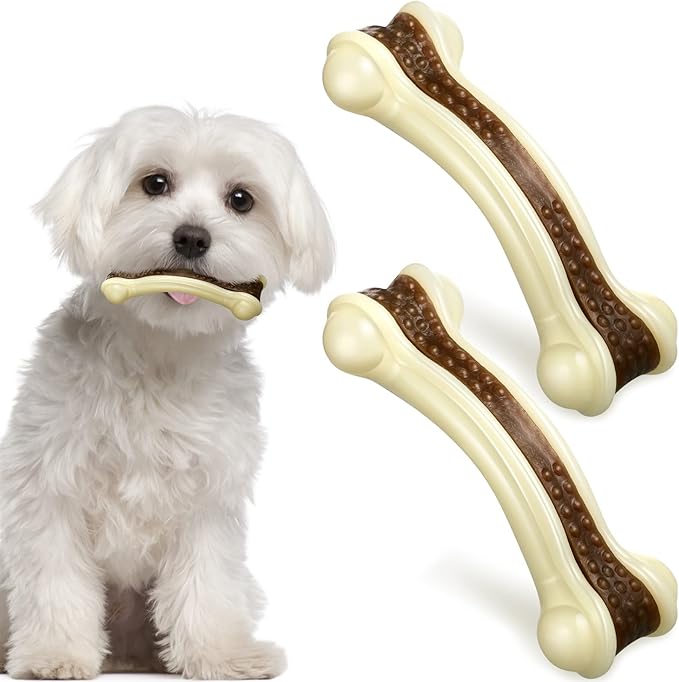 Sosation Bones Shaped Dog Toys for Aggressive Chewers, 2 Pack Christmas Dog Chew Toys Puppy Teething Nylon Beef Flavor for Large/Medium/Small Puppies Breeds(Curved Bone,Small)