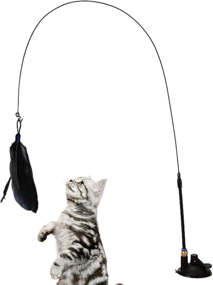 Cat Wand Toy - Flexible Cat Feather Stick Toy, Cat Teaser Stick with Detachable Feather | Easy to Install Cat Play Wand, Cat Stimulating Toy, Suction Cup Toy for Cats Exercise and Interactive Play