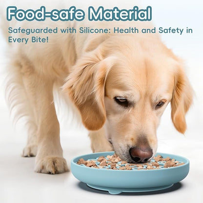 Silicone Slow Feeder Dog Bowl – Sky Blue Bone Pattern | Food-Grade Non-Slip Dog Dish for Anti-Bloat, Fast Eating Prevention, 7.5” x 1.5”, Dishwasher Safe