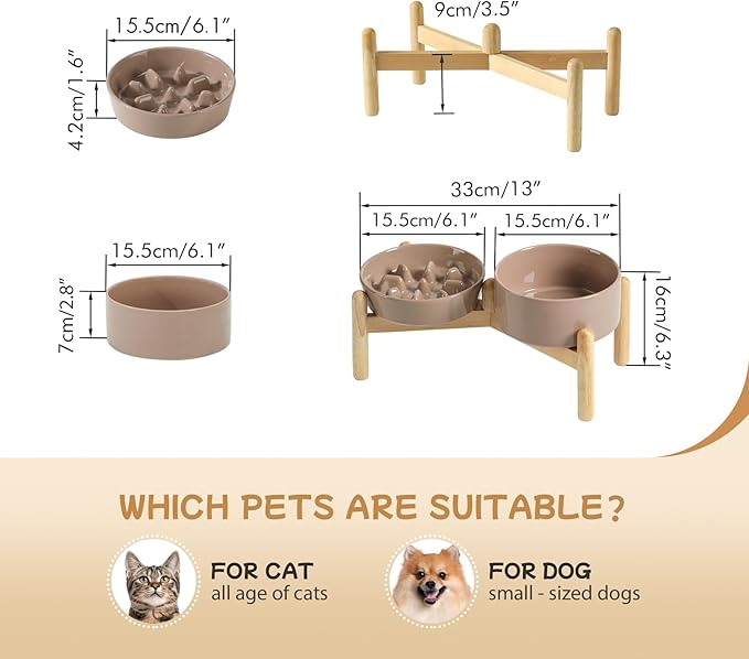 Ceramic 0.9 Cup Raised Slow Feeder Dog Bowl Set, Elevated 6.1inch Slow Dish and 6.1inch Water Bowl with Wooden Stand for Small Dogs (2 x Brown Coffee+ Stand)