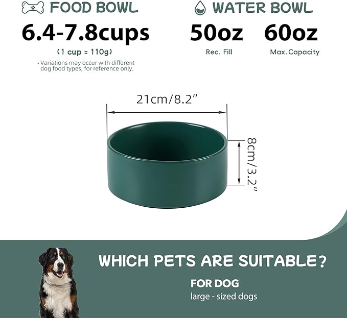 Non-Slip 8.2inch Ceramic Dog Food and Water Bowl for Large Breed Dogs, Pet Bowl for Replacement (Single Bowl, Green)