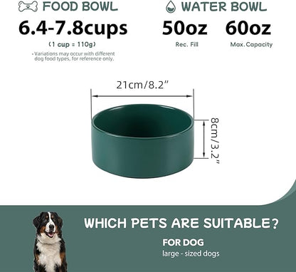 Non-Slip 8.2inch Ceramic Dog Food and Water Bowl for Large Breed Dogs, Pet Bowl for Replacement (Single Bowl, Green)