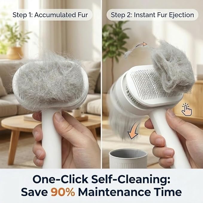 Prime Pets Long Pin Cat Brush, Self-Cleaning Slicker Brush for Indoor Cats, 3-in-1 Grooming Kit with Case for Dogs Small Animals, White