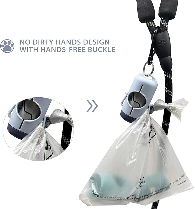 Dog Poop Bag Holder with Leash Clip, Adjustable Strap & 2-Side Hooks for Used Dog Waste Bags (Blue Grey)