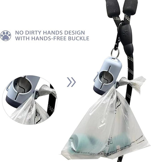 Dog Poop Bag Holder with Leash Clip, Adjustable Strap & 2-Side Hooks for Used Dog Waste Bags (Blue Grey)