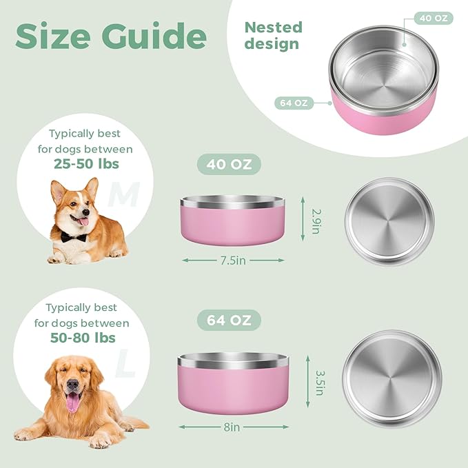 LIHONG Stainless Steel Dog Bowls for Large Dogs,Dog Food Water Bowls with Non Slip Rubber Bottom,Pet Feeding Bowl,Double Wall Insulated,Rustproof(64oz,Pink)