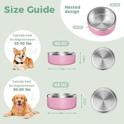 LIHONG Stainless Steel Dog Bowls for Large Dogs,Dog Food Water Bowls with Non Slip Rubber Bottom,Pet Feeding Bowl,Double Wall Insulated,Rustproof(64oz,Pink)