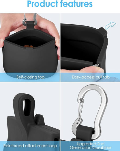 RBibei【One-Hand Access Silicone Dog Treat Pouch, Small Pocket Sized Training Pouch with Pull Tab & Auto Closing Lid for Easy Pet Training & Walking (Black)