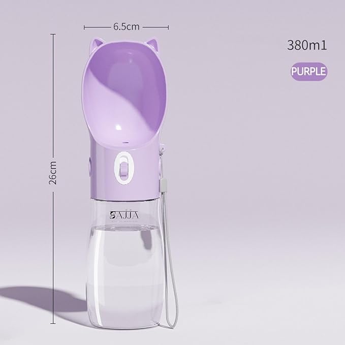 Dog Water Bottle Dispenser - 380 ML Purple- Leak-Proof Lock & One-Hand Operation - Dog Water Bowl Dispenser - Pet Travel Bottle with Built-in Bowl,