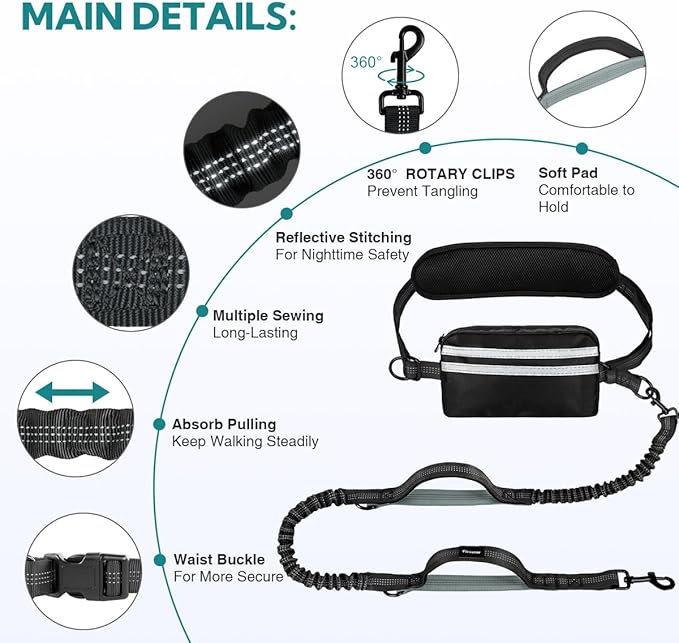 Hands Free Dog Leash 2 Dogs, Multifunctional Double Waist Leash forTwo Dogs Walking, Runing, with Waist Belt,Zipper Pouch and Shock Absoring Bungee (Grey-Green Midum Size, 2 Leashes)