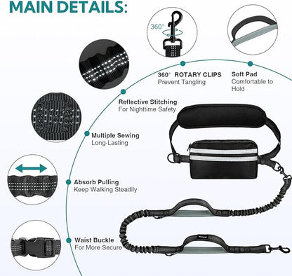 Hands Free Dog Leash 2 Dogs, Multifunctional Double Waist Leash forTwo Dogs Walking, Runing, with Waist Belt,Zipper Pouch and Shock Absoring Bungee (Grey-Green Midum Size, 2 Leashes)