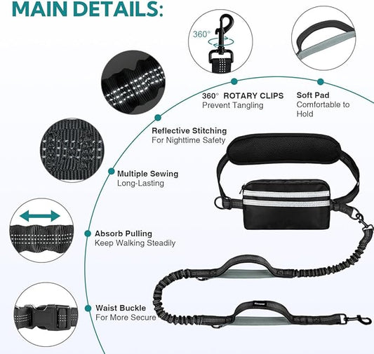 Hands Free Dog Leash 2 Dogs, Multifunctional Double Waist Leash forTwo Dogs Walking, Runing, with Waist Belt,Zipper Pouch and Shock Absoring Bungee (Grey-Green Midum Size, 2 Leashes)