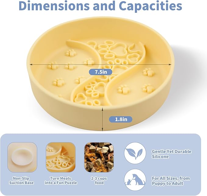Lervynxi- Slow Feeder Dog Bowl with Non-Slip Suction Base, 7.5 * 1.8 Inch Non-Skid Pet Food Dish for Cats & Dogs, Large Capacity Puzzle Bowl for Dry/Wet Food to Extend The Mealtime, Dishwasher Safe