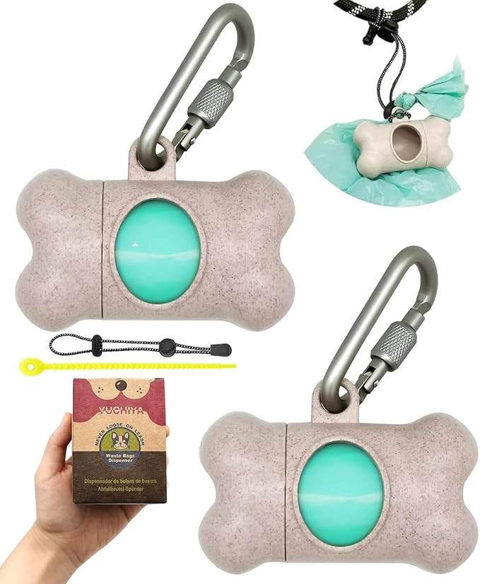 Dog Poop Pickup Bags Holder Dispenser with Standard-Sized Leak-Proof Scented Doggy Waste Bags and Carabiner with Safety Lock&Fastener Never Loose on Leash Lead Again (2 Holders 30 Bags, Beige)