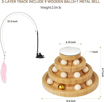 Wooden Cat Ball Track Toy 3-Layer Cat Ball Tower Toy with Suction Cup Cat Teaser Wand Set,Bamboo Cat Toys for Indoor Spinning Bell Balls Kitten Exercise Mental Physical,3pcs Replacement Feathers