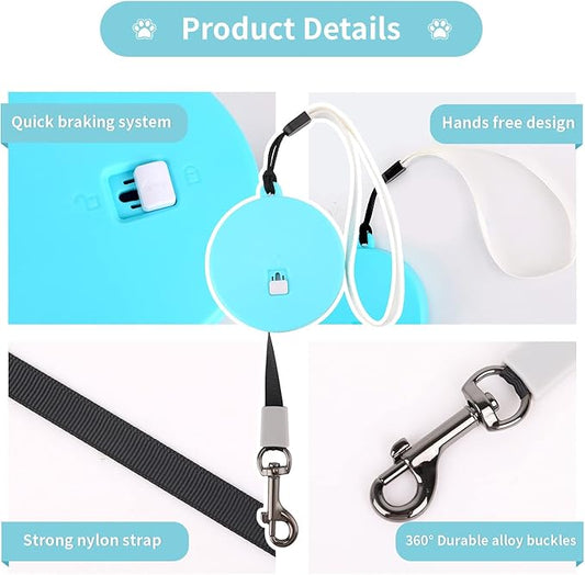 Retractable Dog Leash for Small and Medium Dogs up to 22lbs with 9.8ft Strong Nylon Tape, Hands Free, Portable and Lightweight Leash with Wrist Strap, One-Hand Brake, Tangle Free (Blue)
