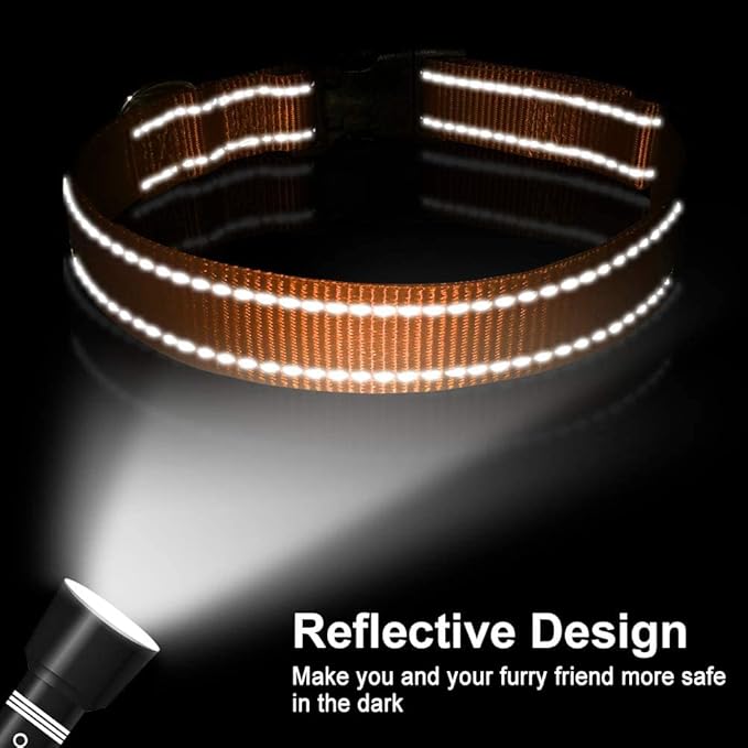 FunTags Reflective Dog Collar, Sturdy Nylon Collars for Medium Girl and Boy Dogs, Adjustable Dog Collar with Quick Release Buckle, Orange