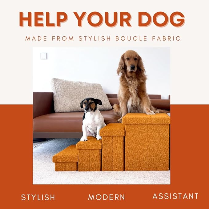 5-Step Dog Stairs for Small, Medium Dogs with Storage Box - Durable Folding Pet Steps, Padded Lid and Container; Dog Steps for Bed and Couch + Hair Brush Gift (Terracotta, Large, 5.0)