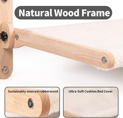LuLu's World Cat Window Perch for Large Cats Inside - Foldable Solid Wood Cat Hammock with Ultra-Thick Faux Rabbit Fur, Sturdy Window Seat Holds 40lbs, Space Saving & Washable (Natural Wood)