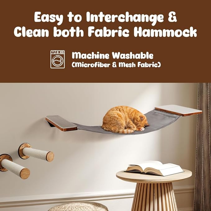Cat Wall Furniture, Cat Hammock Wall Mounted Cat Shelf with 2 Steps, Cat Climbing Shelves and Perches and Lounging with Metal Frame and Wooden Shelf for Cozy Rest - MK2026B