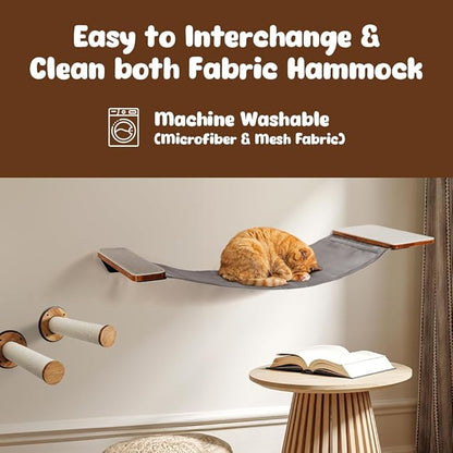 Cat Wall Furniture, Cat Hammock Wall Mounted Cat Shelf with 2 Steps, Cat Climbing Shelves and Perches and Lounging with Metal Frame and Wooden Shelf for Cozy Rest - MK2026B