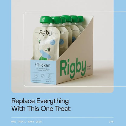 Rigby Organic Free-Range Chicken Dog Treat Pouches – Low-Calorie Squeeze Treat for Enrichment, Meal Topping, Training & Pill Time – Supports Muscle, Digestive & Whole-Body Health – 6 Pack
