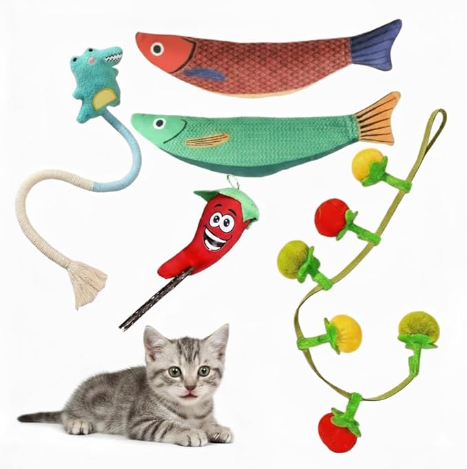5 Pcs Catnip Toys for Indoor Cats, Hanging Tomato Toy with Hook, Natural Silvervine Chili & Dino Rope for Kitten Teething, 2 Plush Fish for Hairball Relief & Anxiety, Dental Chew Set