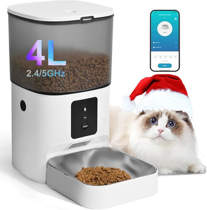 ANDOLL HOME 2.4G/5G Automatic Cat Feeder, 4L WiFi Food Dispenser with 10s Voice Recorder, Pet Feeder up to 10 Meals per Day, Timed Cat Feeder with Dry Food Sealed Ring (Matte White, 4.0 L)