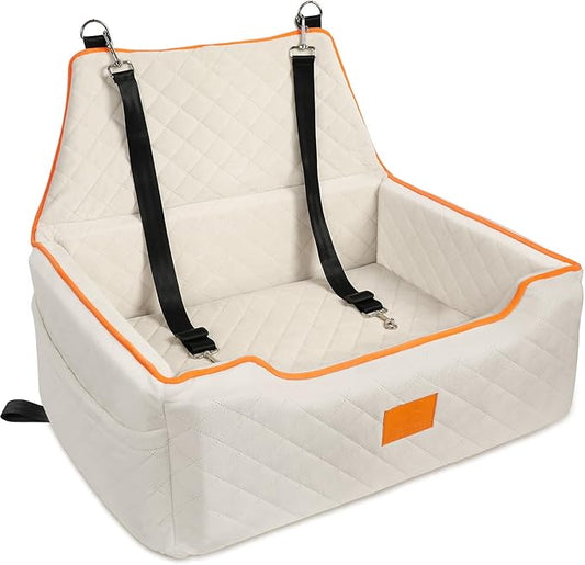 XIEEAOZEE Dog Car Seat for Large/Medium Dog, Booster Seat Under 55Lbs or 2 Small Dogs, Detachable and Washable Travel Pet Seat with Thick Cushion and Storage Pockets (Beige)