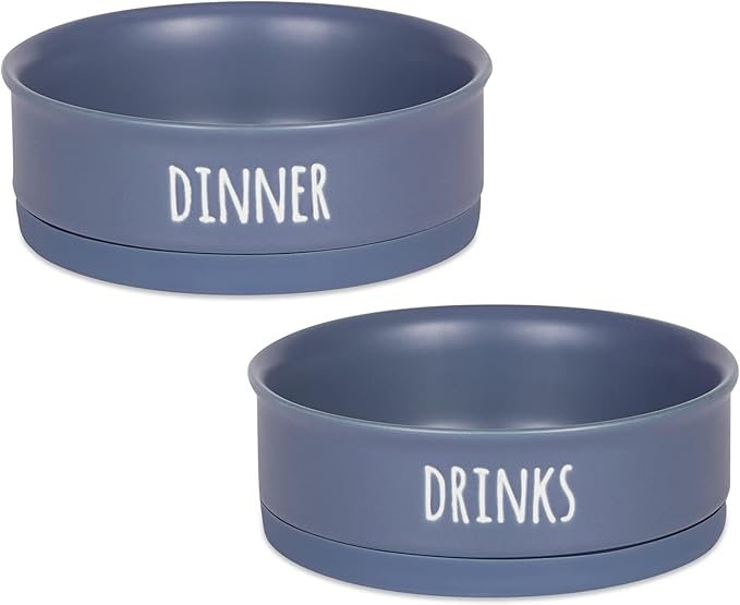 Bone Dry Ceramic Pet Bowls for Dogs & Cats Dishwasher & Microwave Safe, Non-Slip Bottom for Secure Feeding with Less Mess, Medium Set, 6x2, French Blue, 2 Count