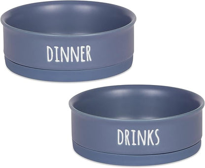 Bone Dry Ceramic Pet Bowls for Dogs & Cats Dishwasher & Microwave Safe, Non-Slip Bottom for Secure Feeding with Less Mess, Medium Set, 6x2, French Blue, 2 Count