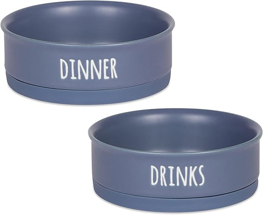 Bone Dry Ceramic Pet Bowls for Dogs & Cats Dishwasher & Microwave Safe, Non-Slip Bottom for Secure Feeding with Less Mess, Medium Set, 6x2, French Blue, 2 Count