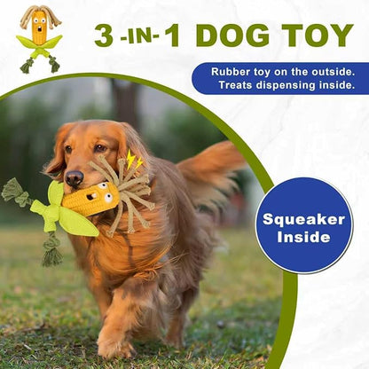 Corn Shape Rubber Dog Toy with Rope Tug, Treat Toys, Squeaker Interactive Durable Chew Toys for Dogs, Safe Non-Toxic Material, Clean Teeth Design for Indoor and Outdoor Play