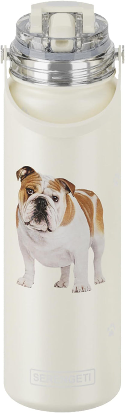 E&S Pets SERENGETI 24 Oz Water Bottle Stainless Steel with Spill Proof Lid - Double walled Vacuum Insulated water flask - Realistic 3D Print of your favorite dog (Bulldog)